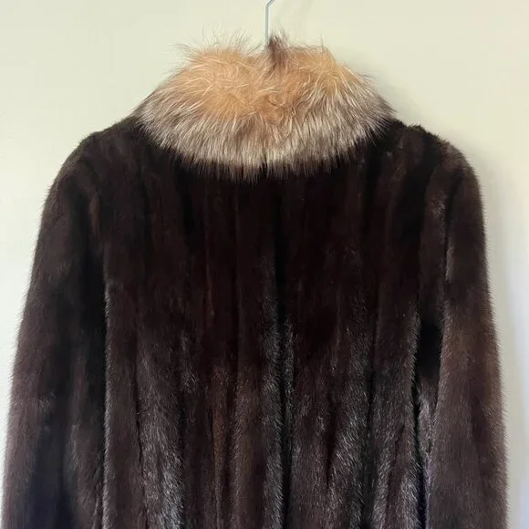 Mahogany Mink Fur Coat Size 10 Dyed Fox Tuxedo Long York Furrier Great Condition - Picture 13 of 16